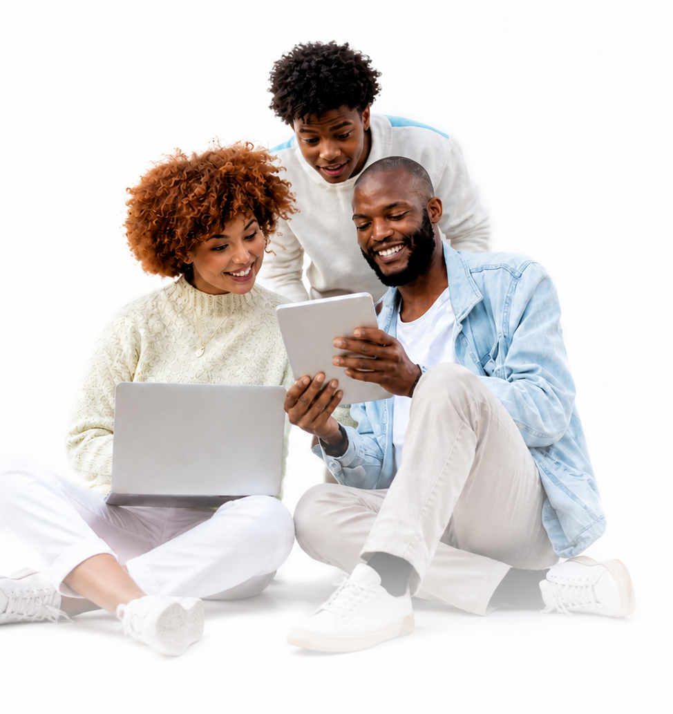Three young African technology users collaborating with a laptop and tablet