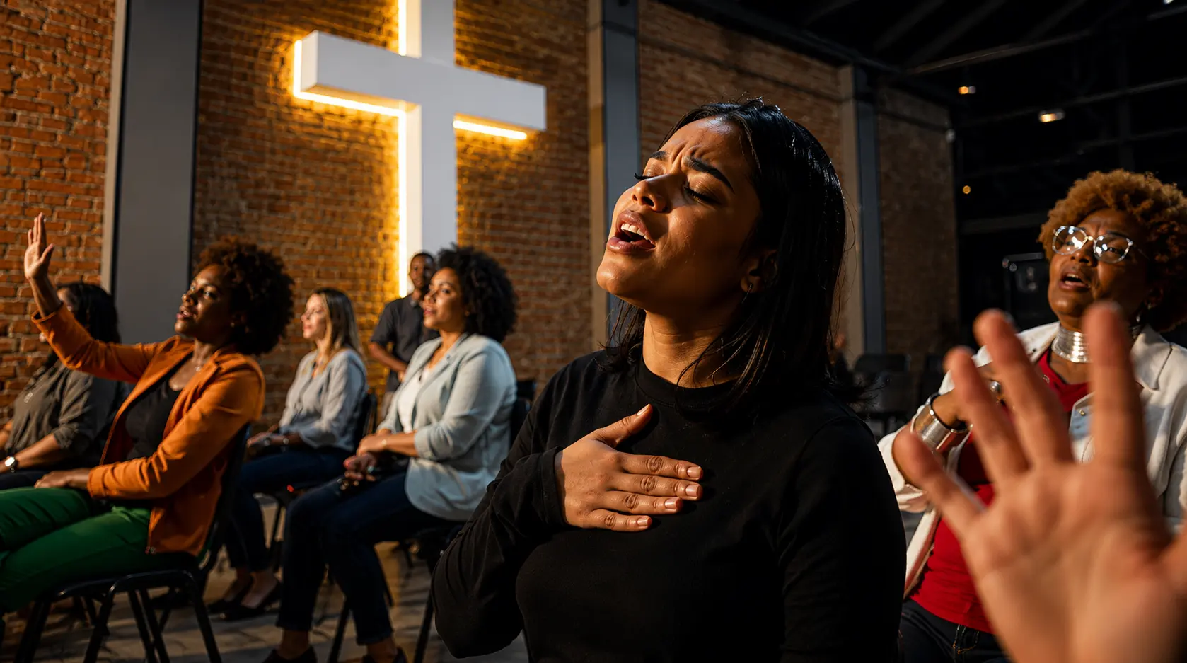 A church congregation joining a LivCast worship broadcast